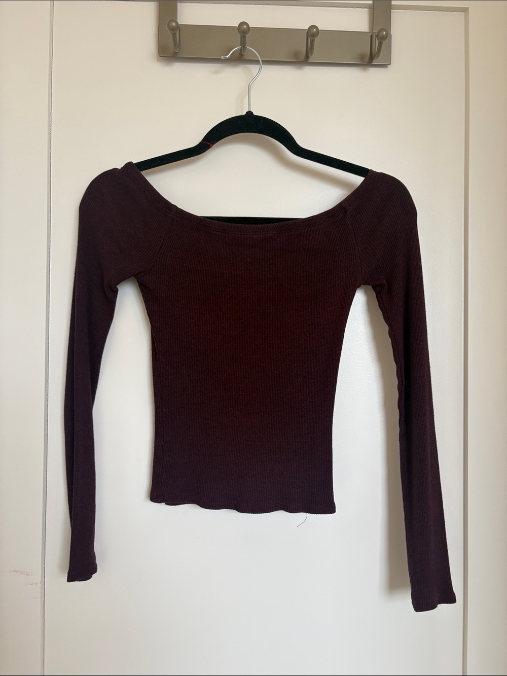 Garage Off-Shoulder Ribbed Long Sleeve Top in Burgundy